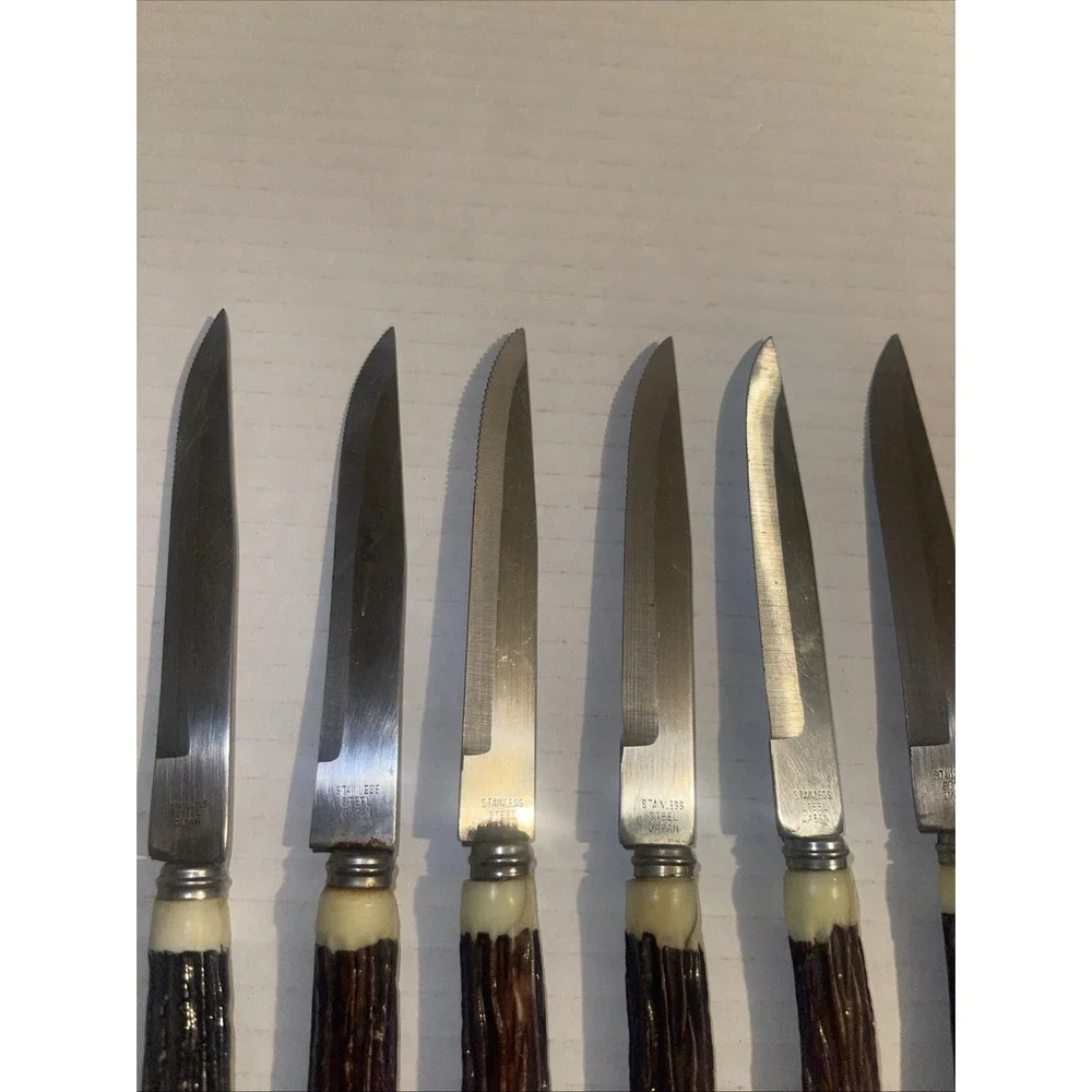 Vintage 8 Stainless Steel Faux‎ Antler Steak Knives Made in Japan